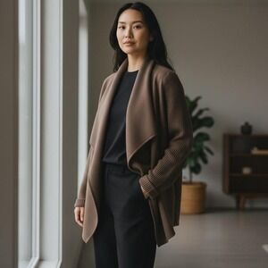 Vince Brown Ribbed Sleeve Waterfall Cardigan Sweater M Medium